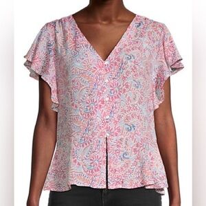 Nanette Lepore Paisley Flutter Sleeve Peplum Blouse - Size Medium